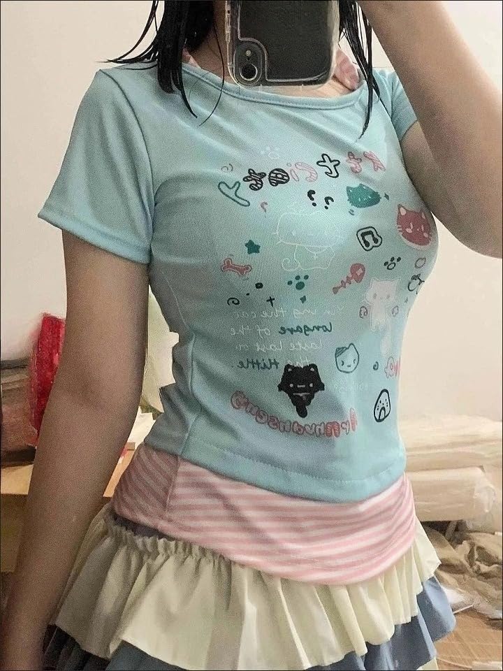 Kawaii Cutecore Harajuku Y2k 2000s Tops Summer Preppy Aesthetic Alt Goth Emo Short Sleeve Graphic Tees4