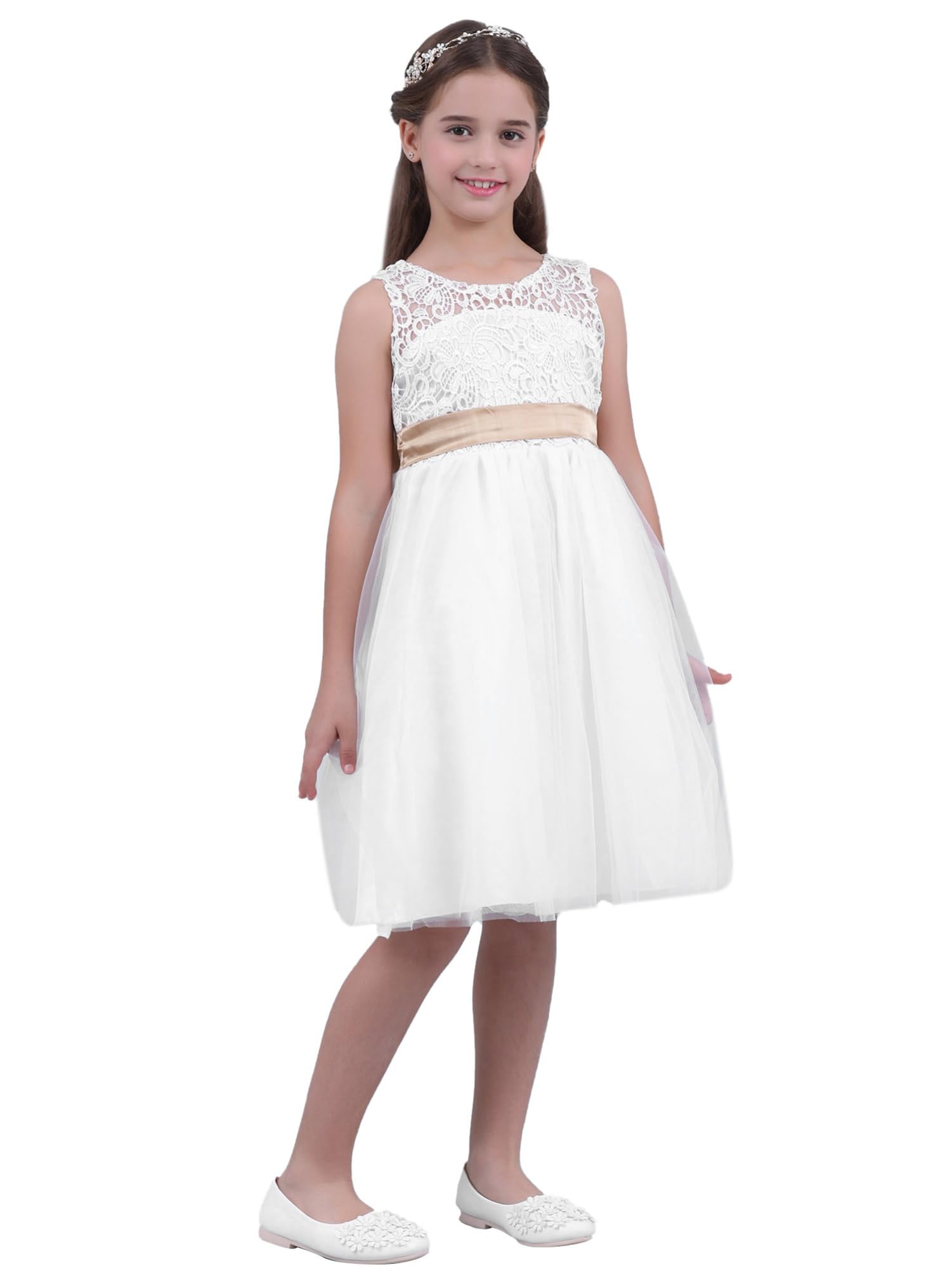 IEFIEL Vestido Fiesta de Tul para Flores Niña sin Manga Vestido Princesa de Cumpleaños Desfile Vestido de Novia Boda 2-14 Años