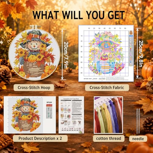 Image of Scarecrow Stamped Cross Stitch Kits for Adults Beginners with Hoop Frame