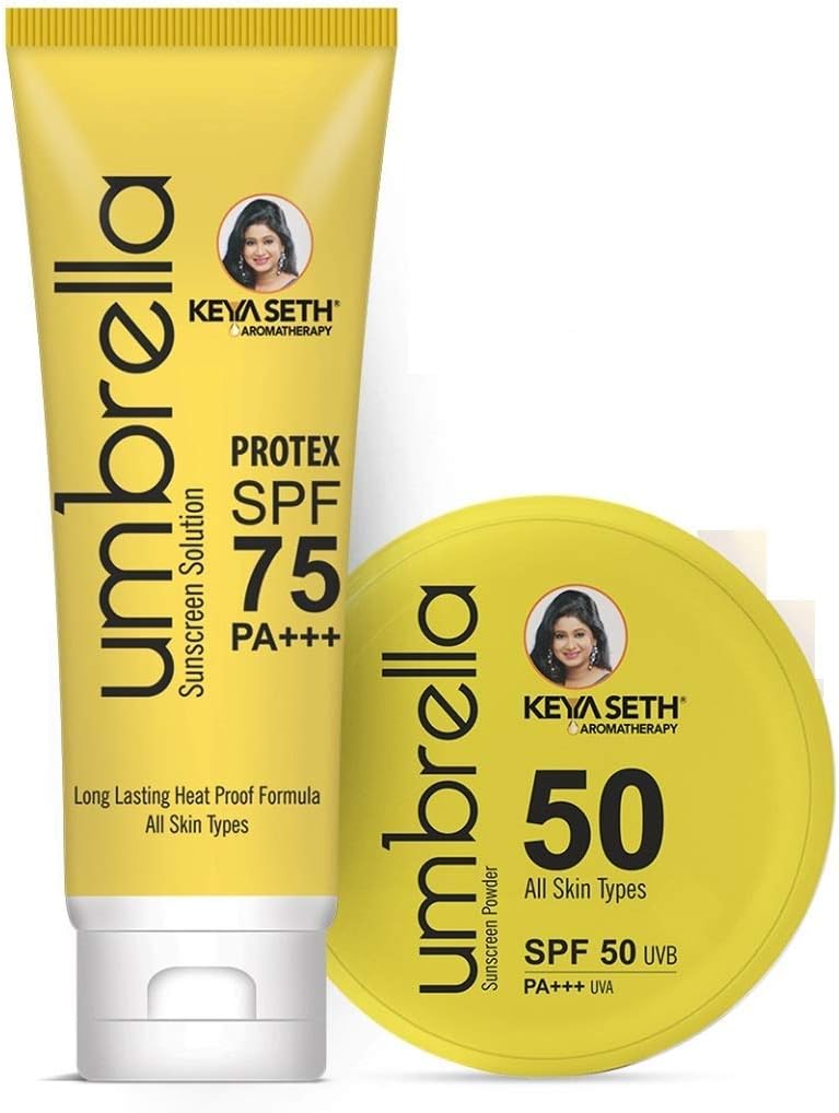 Keya Seth Aromatherapy Umbrella Sunscreen with Advance Treatment SPF 75 Solution (100ML), SPF 50 Powder (50GR), UVA and UVB Protection, Enriched with Almond, SPF 75 PA+++