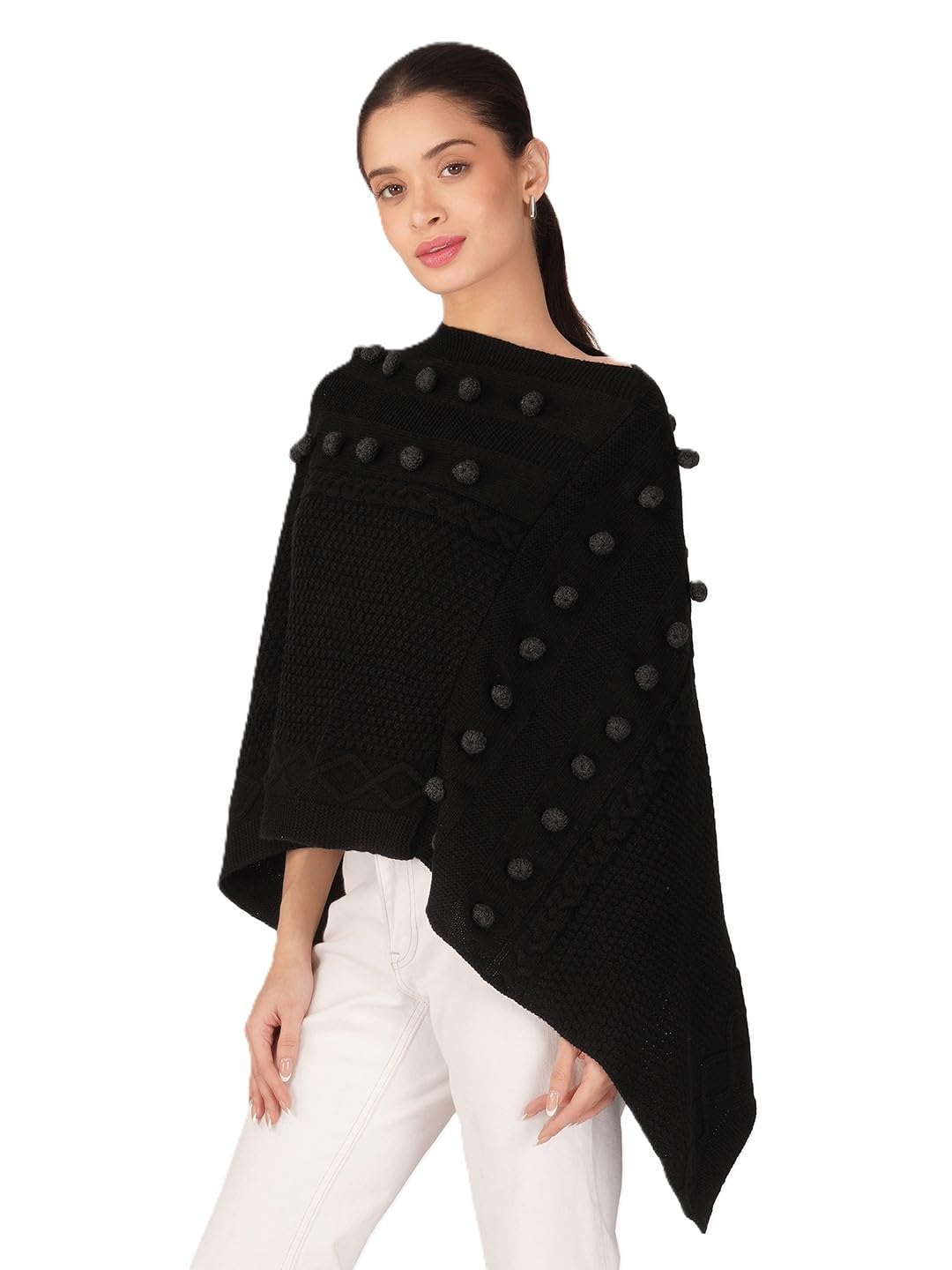 joe hazel Women's Knitted Poncho with Pom Pom Detail, Black, Asymmetric Hem, Textured Knit-picture-38