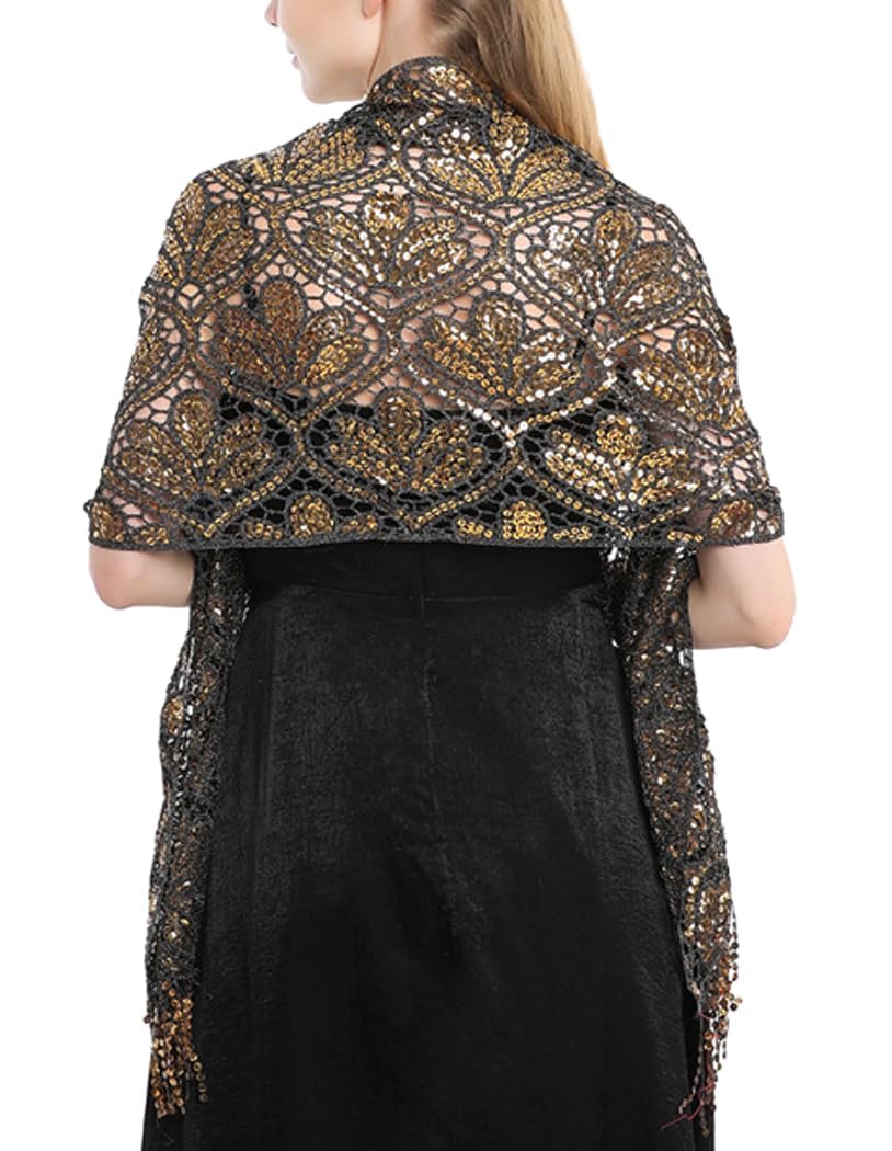 L'VOW Glittering 1920s Scarf for Women Mesh Sequin Wedding Cape Fringed Evening Shawl Wrap