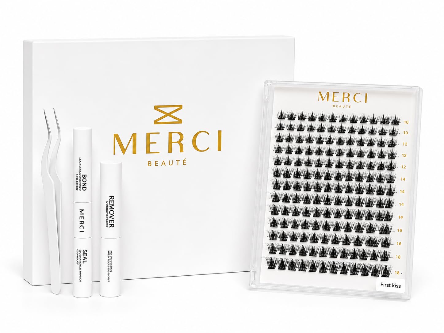 First Kiss DIY Lash Extension Kit - 108 Clusters | Waterproof Bond & Seal + Remover + Tweezers | Latex-Free | 10-18mm