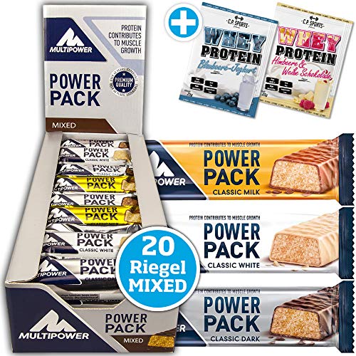 Multipower Power Pack Classic Dark, Milk, White MIX BOX 20 x 35g Protein Riegel in 3 Geschmacksrichtungen mit 30% Proteingehalt + 2 x C.P. Sports Whey