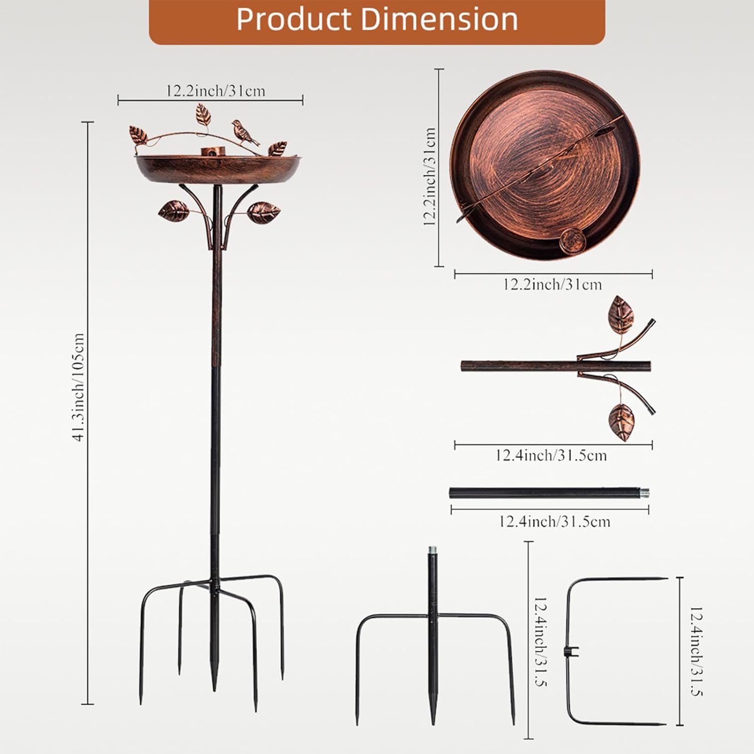 Birdbaths for Outdoors - 41 Inch Tall Metal Yard Birdbath | Bird Feeder with 5 Prongs Base Stake - for Garden Patio Balcony Ground Flower Bed Yard Lawn Park