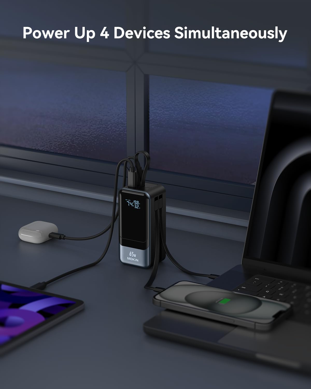 MOKiN Power Bank charging 4 devices simultaneously