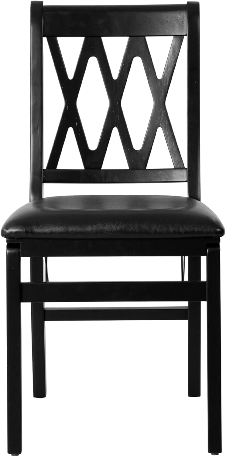 East West Furniture - PNC-BLK-49, A Plano Folding Solid Wood Dinner Chairs with PU Leather Seat, 3-X Back Design, Set of 2, Fully Assembled, Black Wood Finish