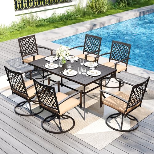Image of PHI VILLA 7 Pcs Outdoor Dining Set for 6&59 inch Rectangle Metal Steel Table | Swivel Wrought Iron Chairs with Cushions, Outside Furniture Set for Patio, Deck, Yard, Porch