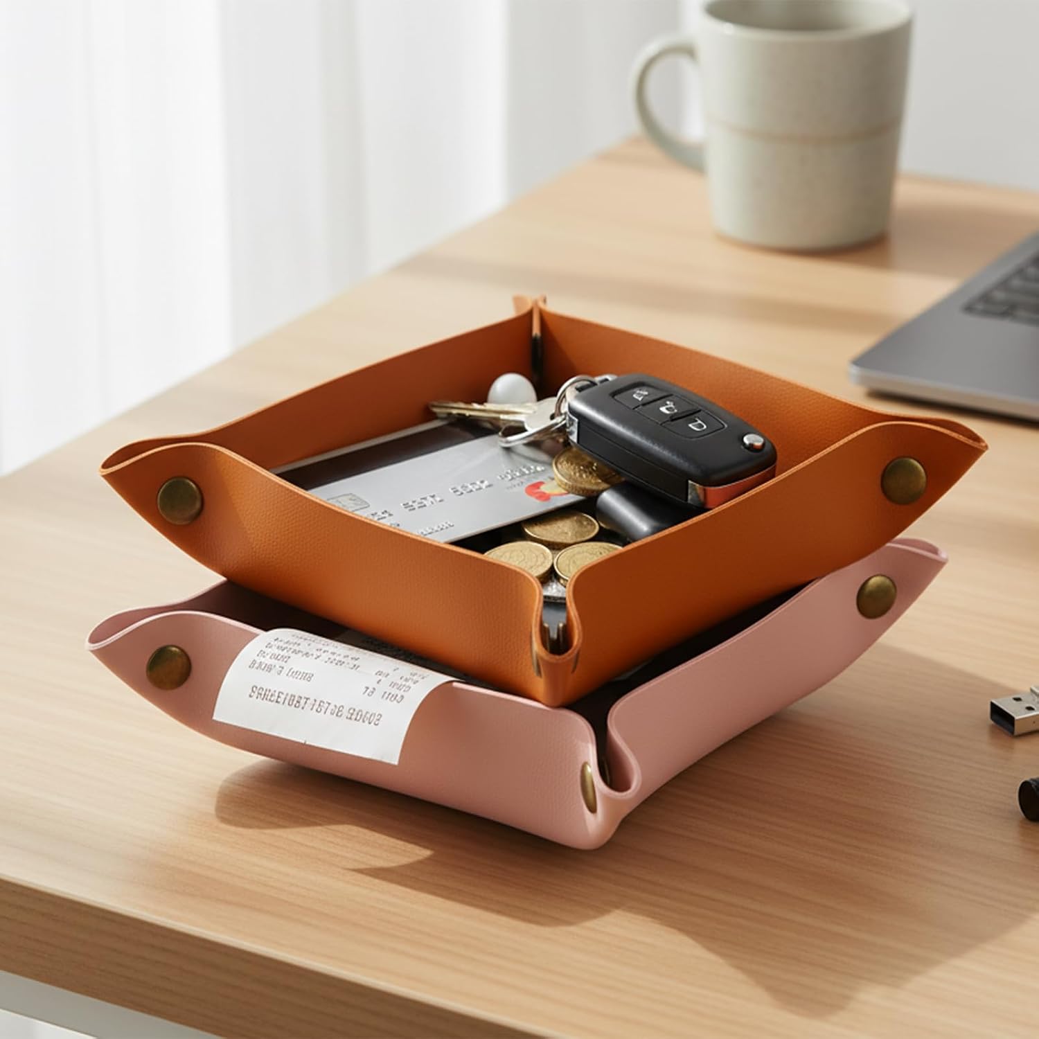 8 x 8 Inch Pink PU Leather Valet Tray for Keys, Coins, Jewelry and Phone