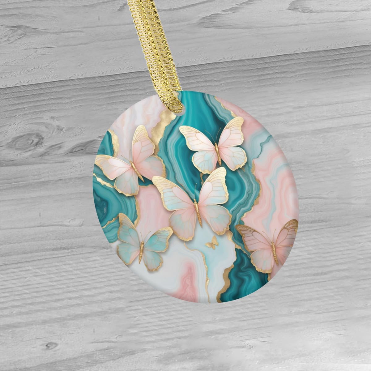 Double-Sided Ceramic Christmas Ornament Xmas Abstract Pretty Butterfly Cute Pastel Teal Blue Pink and Gold Marble Print Butterflies Pattern Design Custom Holiday Tree Decor | 3-Inch