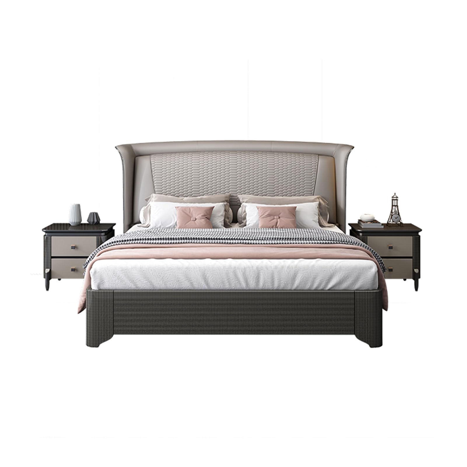 Gray Modern King Size Genuine Leather Bed Upholstered Platform Bed Frame with Headboard and Storage Drawers No Box