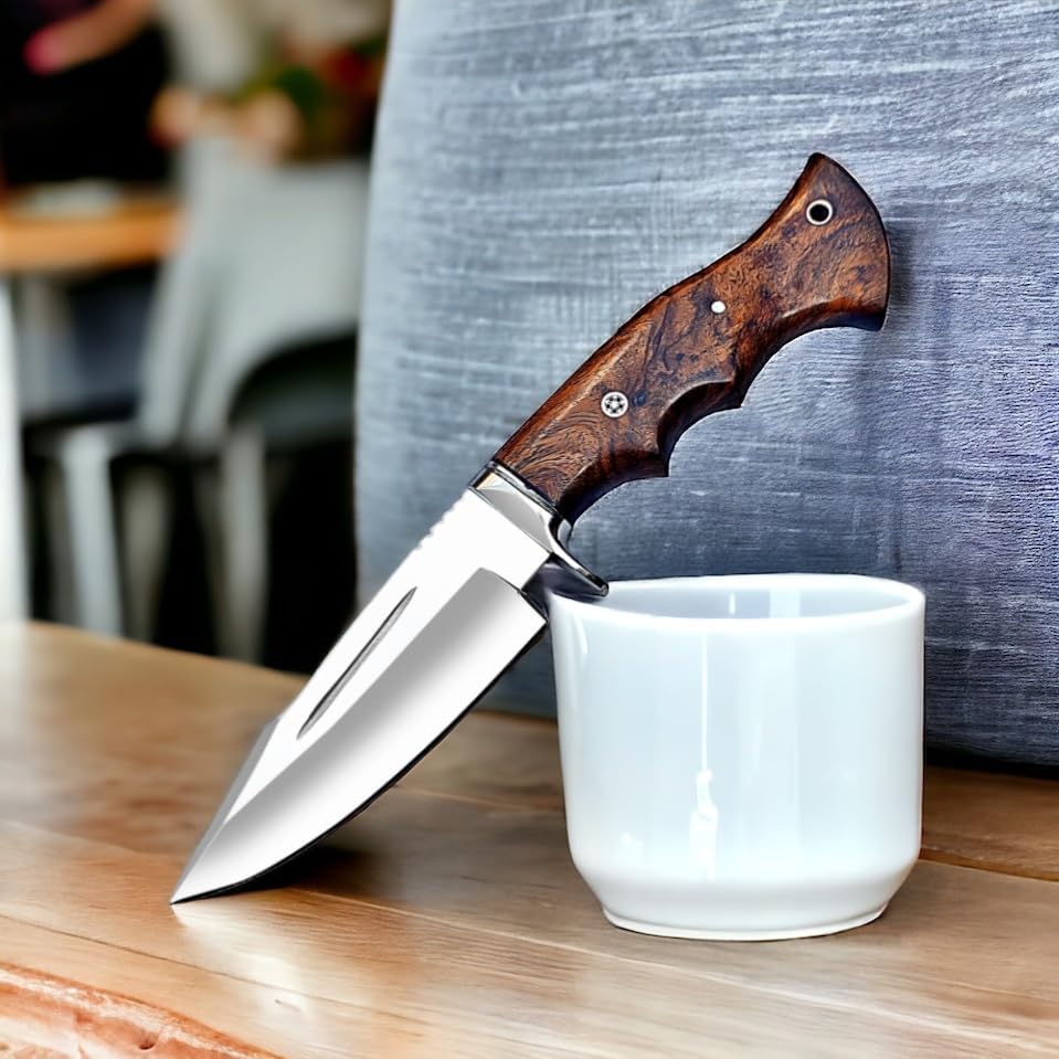 Miniatura 2 de Poshland Cuchillo de caza hecho a mano, cuchillo EDC de hoja fija Bushcraft de 10 pulgadas con hoja de acero D2, mango de madera de nogal, funda de