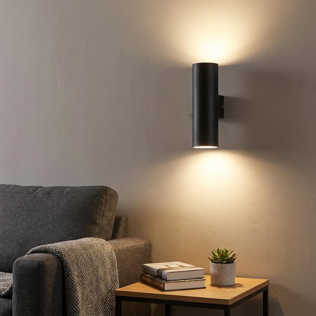 Alpinaluz Applique da Parete Up & Down con 2 Attacchi GU10, Design Cilindrico in Metallo, Lampada Decorativa da Interno per Corridoio, Camera e Soggiorno, IP20 (Nero)