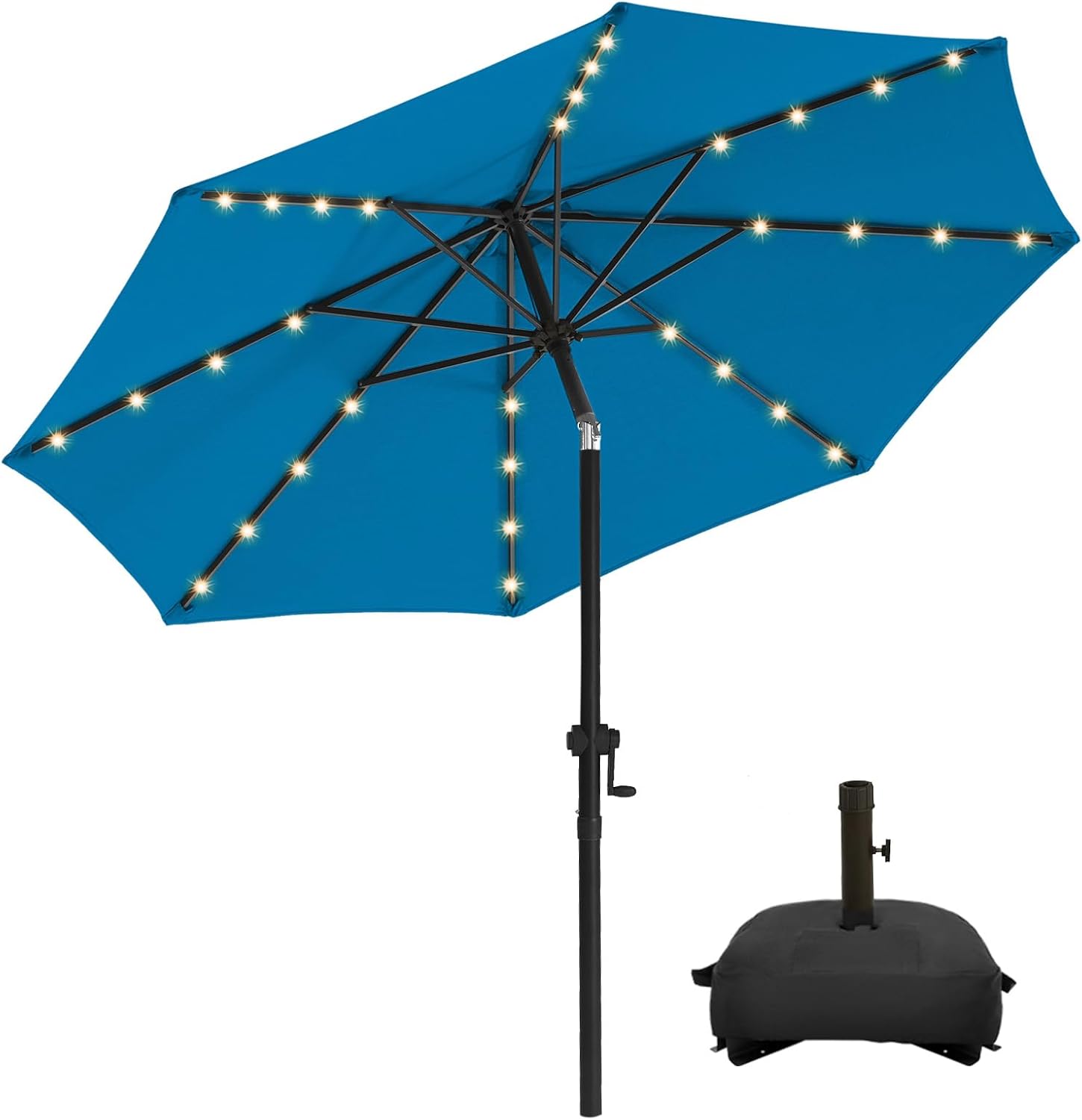 wikiwiki 10FT Solar Led Patio Umbrella with Base, Sturdy Outdoor Market Umbrella for Deck, Pool, Garden w/Tilt, Crank, 32 LED Lights, Royal Blue