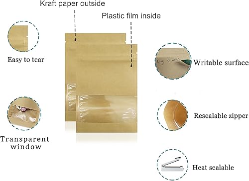 Miniatura 2 de PABCK Paquete de 100 bolsas de papel kraft transparente para ventana con cierre de cremallera, bolsas de almacenamiento de alimentos con cierre