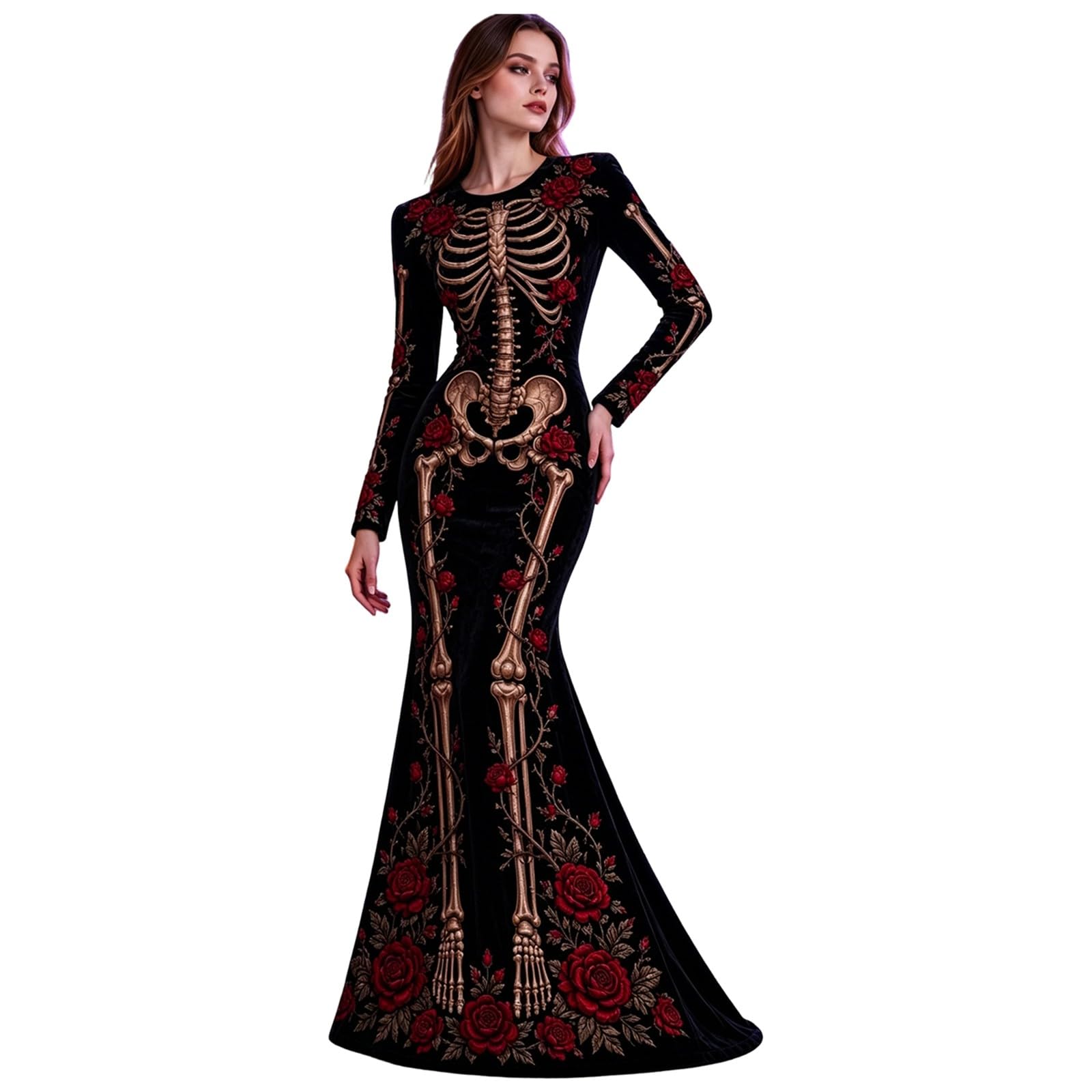 Women's Skeleton Print Mermaid Maxi Dress Long Sleeve Halloween Dresses for Women 3D Digital Print Floral Gothic Fancy Dress Costume — image 1