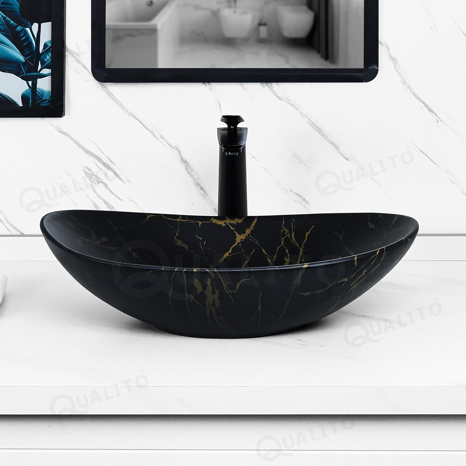 QUALITO Designer Table Top Wash Basin for Bathroom, Living Room, Hall, Dinning Room | Countertop/Over Counter Ceramic Wash Basin | Marble Ceramic Oval Wash Basin for Bathroom (24x14x5 Inch) (B0DHR15H48) Amazon Price History, Amazon Price Tracker