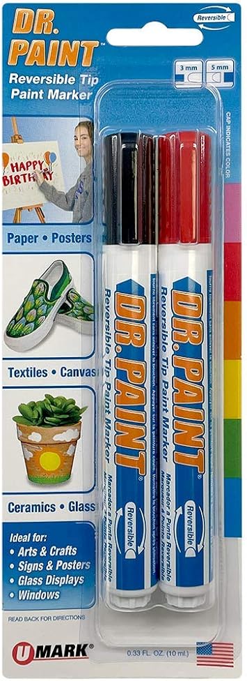 U-Mark Dr. Paint Reversible Tip Paint Markers 3/5mm Bullet Chisel Tip, Marks On Glass Posters Canvas Wood Plastic Ceramic, 2 Pack, Black and Red