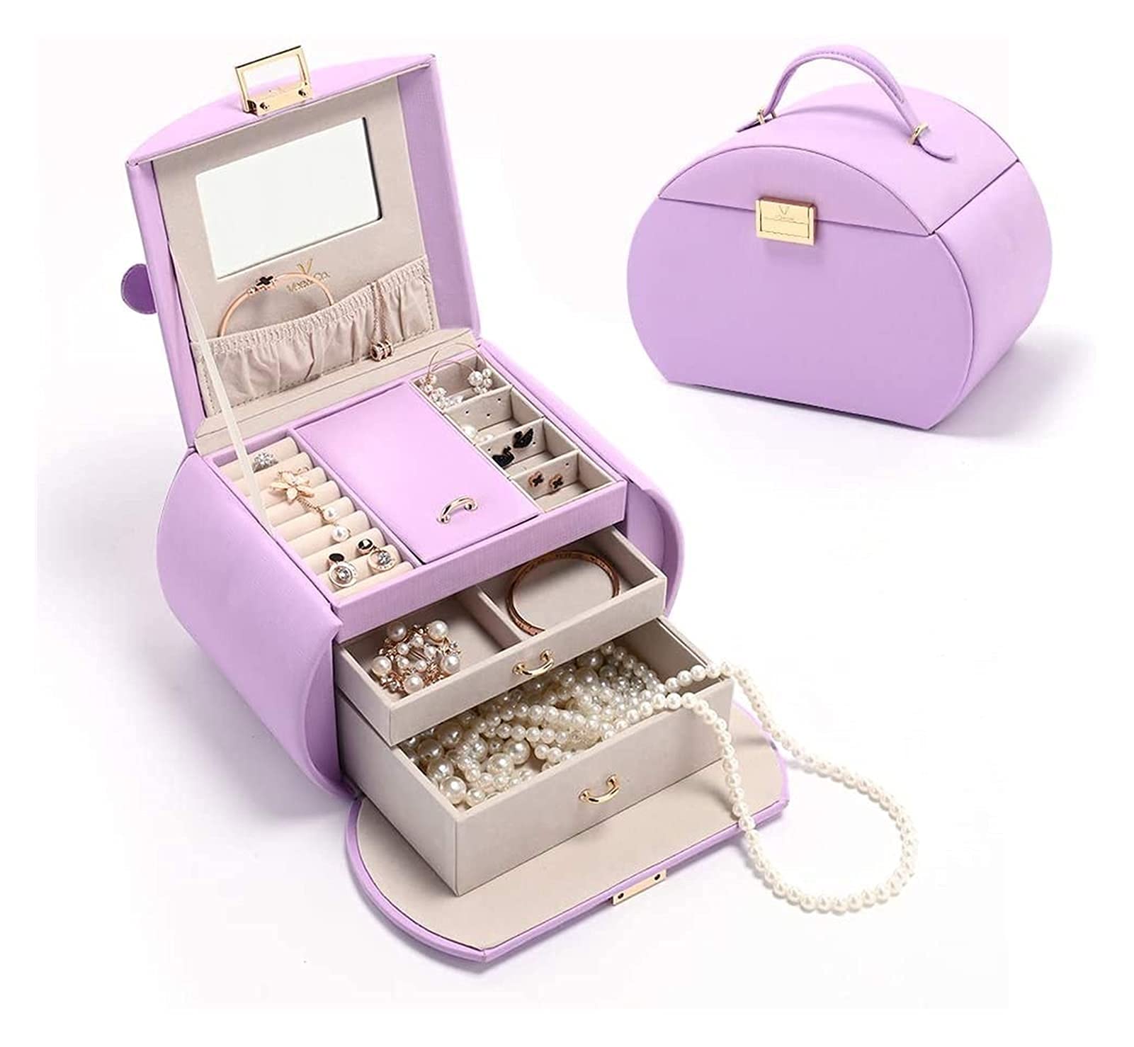 TIANQIHAO Storage Box Jewellery Box For Girls Lockable Jewellery Case For Kids Jewellery Organiser With 2 Drawers And Mirror For Rings Bracelets Earrings Jewelry Storage Box