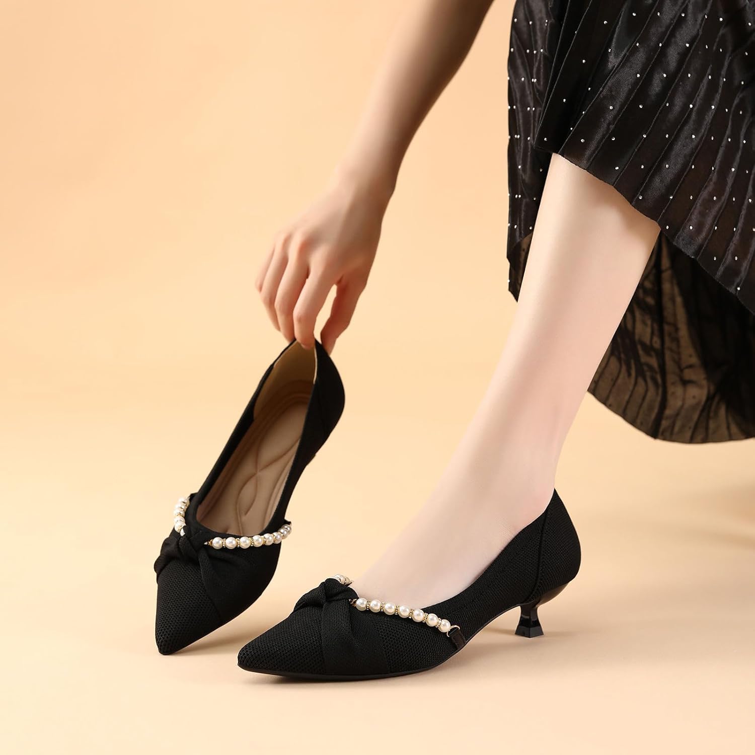 HROYL Women's Knit Pumps Kitten Heel Pointed Toe Comfortable Party Work Bow Dress Shoes - Image 3