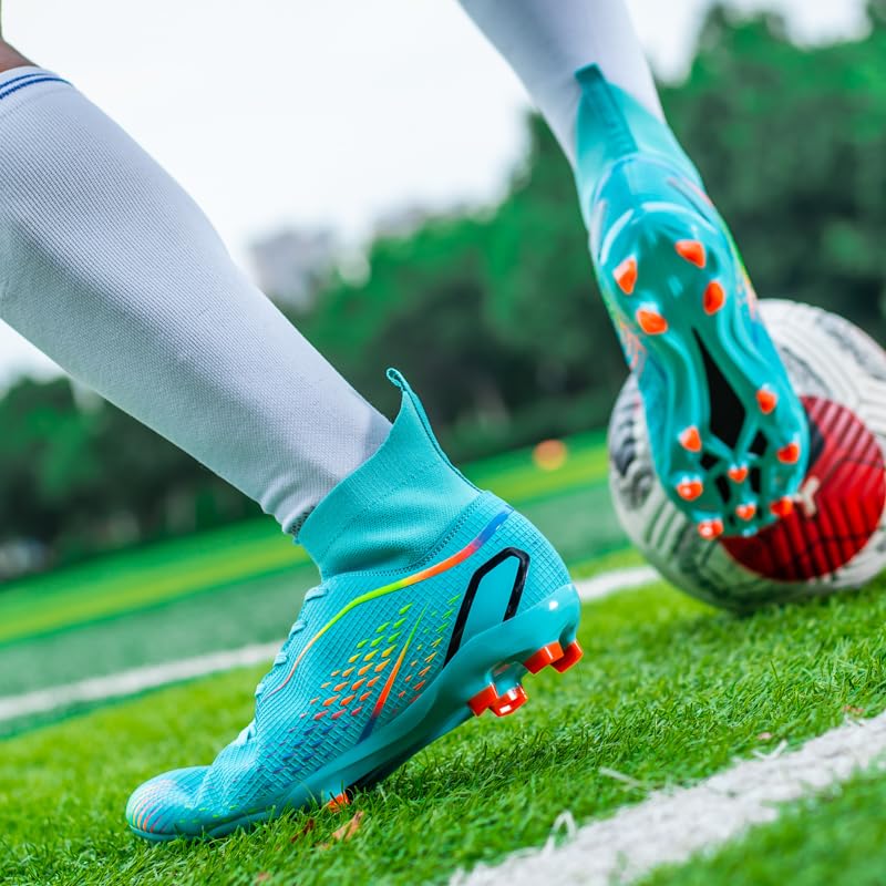 High Top Soccer Cleats, Professional Training Shoes, Non-Slip AG/FG Spikes, White/Rainbow2