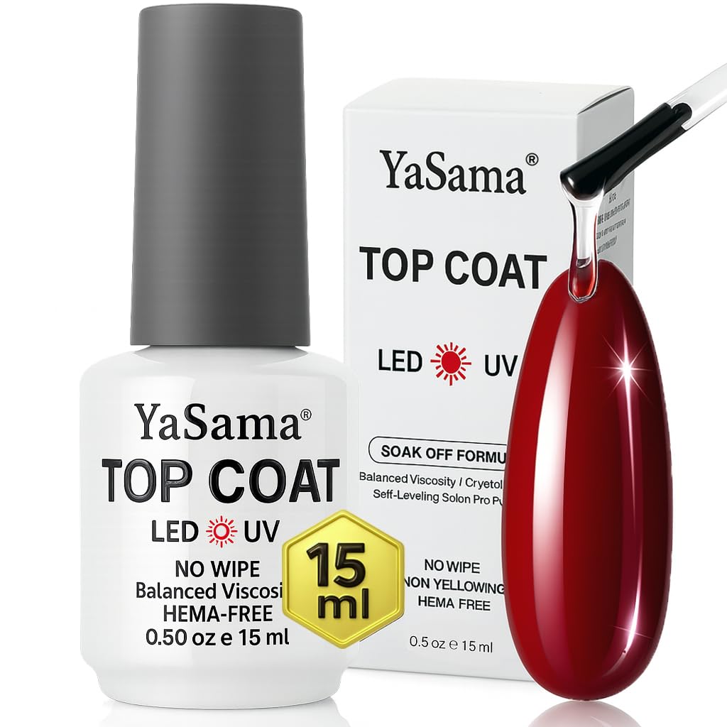 YaSama Extra Glossy Clear No-Wipe Gel Top Coat 15ml – HEMA-Free Soak-Off UV/LED Gel, Non-Yellowing High-Gloss Finish, Self-Leveling, Scratch-Resistant & Chip-Resistant, Long-Lasting 28+ Salon Quality