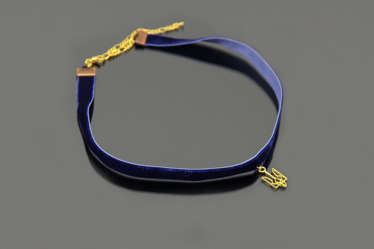Gold Tryzub Necklace, Handmade Blue and Yellow Choker, Blue Velvet Ribbon Chokers, Pray for Ukraine Jewelry, Ukrainian Emblem Jewelry, Tryzub Trident Pendant, Gift from Ukraine, Ukrainian Sellers - Image 7