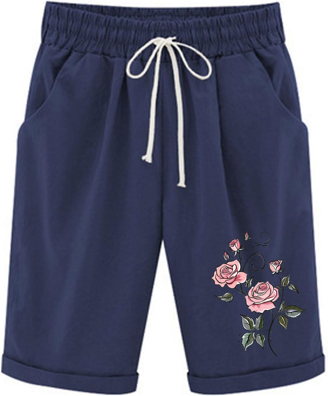 Bermuda Shorts Womens Knee Length Long Short Pants Linen Plus Size Dressy Casual Slacks Boho Print Drawstring Bottoms