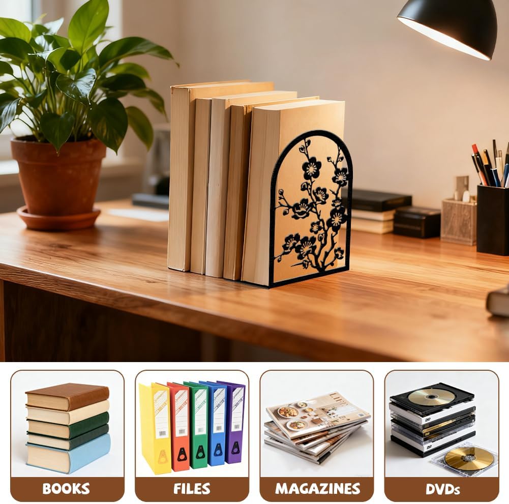 Peacoblue Metal Bookends for Shelves, Modern Decorative Heavy Duty Study Book Ends Stoppers for Office, Desk, Shelf, Room 5.3"x4.3"x7.9" Cast Iron Simple Tall Bookends 1 Pair (Plum Blossom Branches)