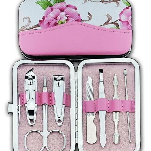 KAV 7PCS Pink Cute Flower Nail Clippers Set - Compact Stainless Steel Manicure Pedicure Kit with Case, Includes Scissors, File, Tweezers & More, Perfect for Girls, Women & Travel
