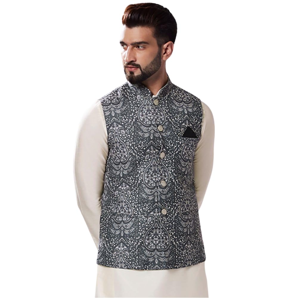 kisah Men's Nehru Jacket, Burgundy Cotton Blend, Printed Mandarin Collar Regular Fit Sleeveless-picture-25