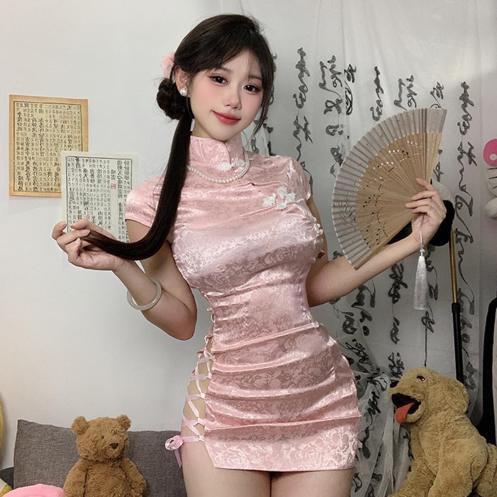 チーパオ本体 ピンク花柄 オフショルダーネック