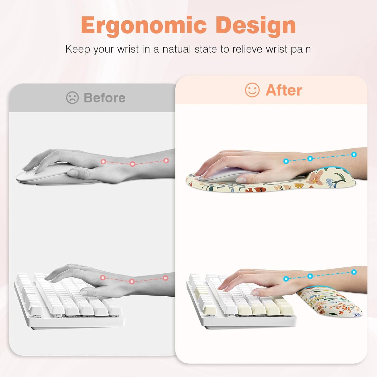 Ospelelf Keyboard Wrist Rest Set with Ergonomic Mouse Pad - 3-in-1 Memory Foam Support for Pain Relief, Office & Gaming with Coaster Yellow Floral - Image 3