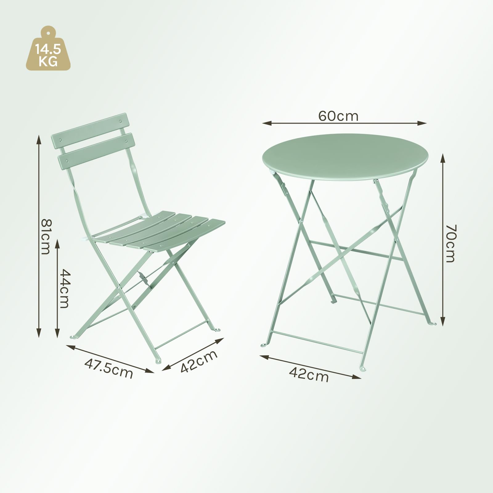 eSituro Conjunto Muebles Jardín, Mesa y 2 Sillas Plegables de Terraza, Muebles para Bistró, Balcón, Patio y Exterior, Metal Resistente, Verde