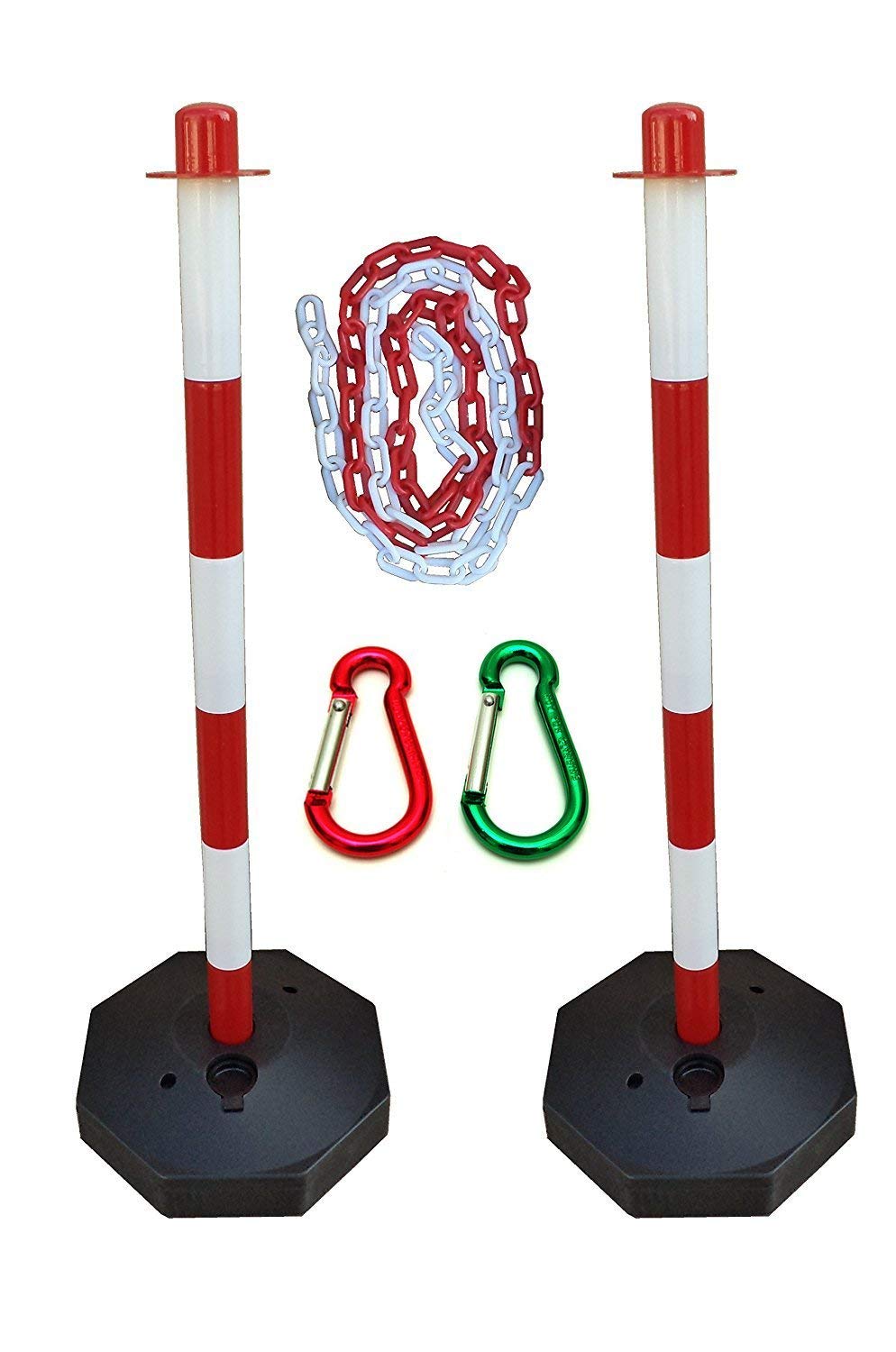 Kit coppia 2 colonnine dissuasore di sosta barriera delimitatore limite palo con base con 5 mt di catena corda bicolore bianco rossa moschettoni in alluminio colorati (2)