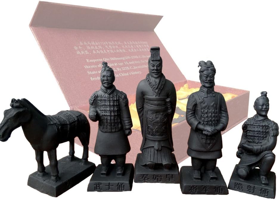 Resin Terracotta Warriors, Qin Dynasty Terracotta Warrior Sculptures - Table or Bonsai Display Set of 5 (3.5" Tall) in Gift Box