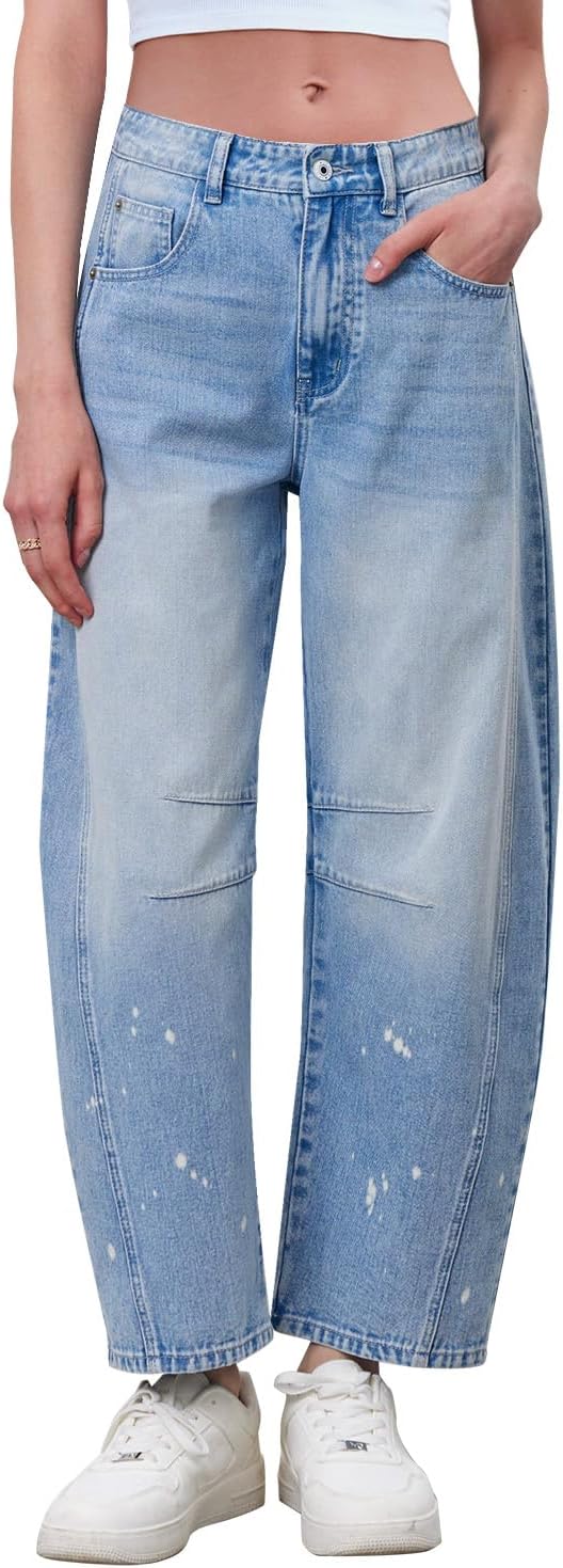 GREAIDEA Mid Rise Barrel Jeans for Women Mid Waist Wide Leg Cropped Denim Pants Y2k Baggy Boyfriend Jeans with Pockets