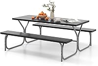 Vista 10 de Giantex - Juego de bancos para picnic para todo tipo de climas, con base de metal, textura similar a la madera, para acampar al aire libre
