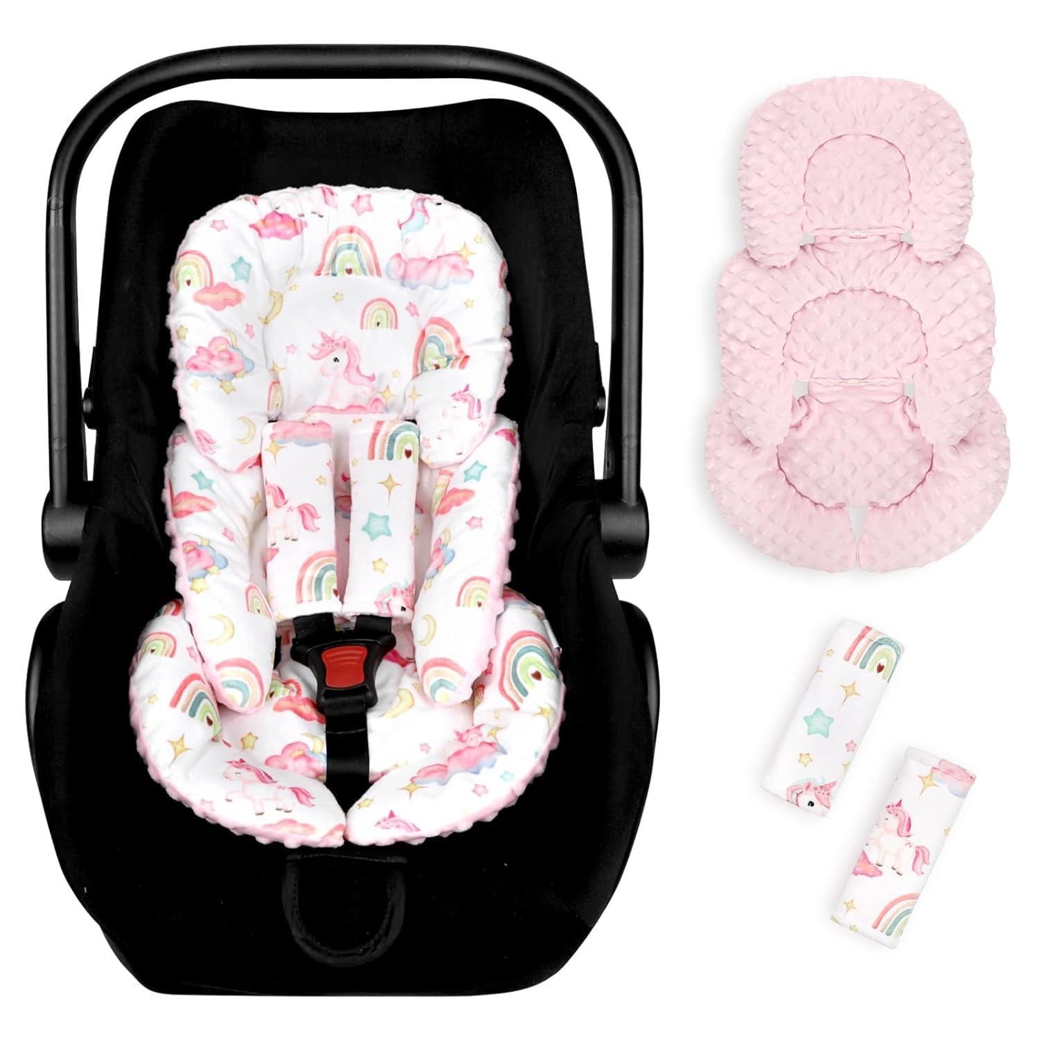Hooyax Infant Car Seat Insert with Strap Covers, All in One Reversible Baby Car Seat Head Support for Newborn, Soft Carseat Cushion for Preemie to Infant, Stroller, Swing, Bouncer, Unicorn