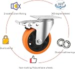 4 Inch Swivel Caster Wheels, Set of 4 Heavy Duty Load 2000lb, Orange Polyurethane Casters with Brake, No Floor Marks Locking Castor Wheels for Cart Furniture Workbench (with Hardware Kits)