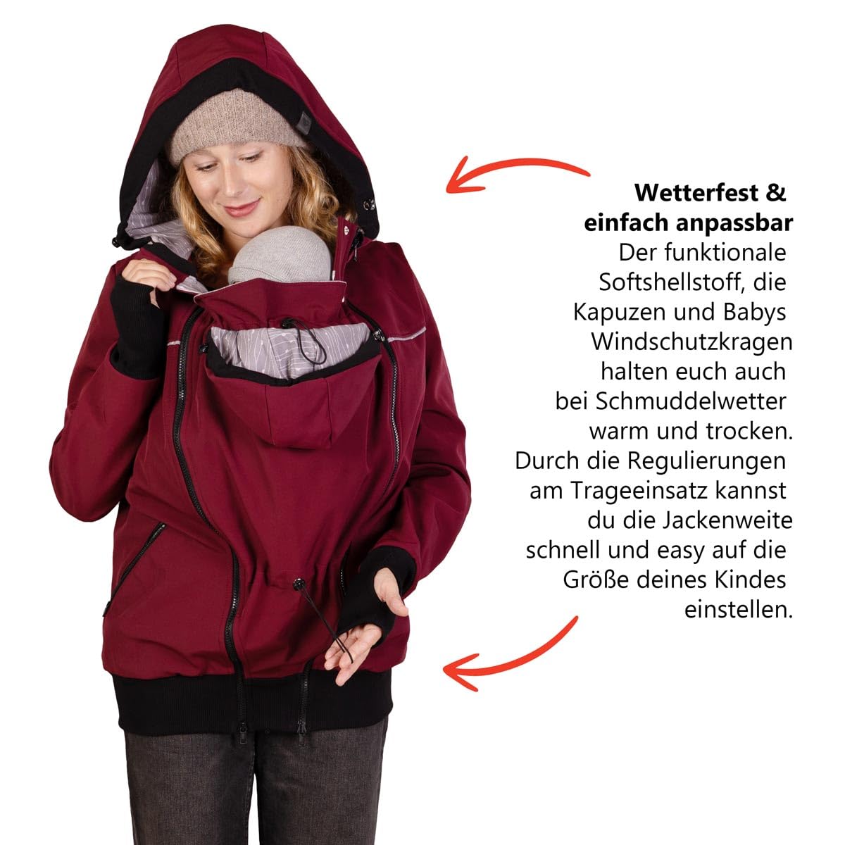 Viva la Mama - 4in1 Allwetter Tragejacke für Vorn- und Rückentragen Umstandsjacke Softshell - AVENTURIS - Burgunder - L