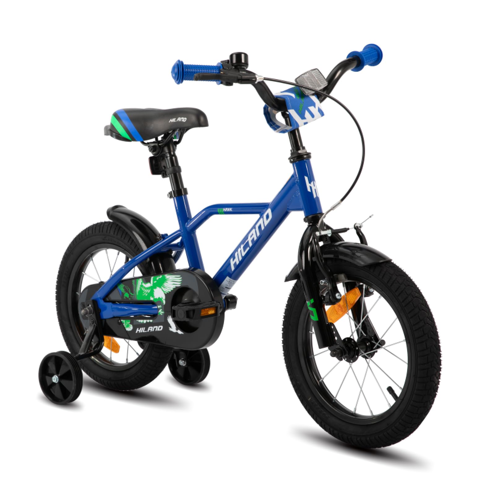 HILAND Bicicleta Infantil de 12/14/16/20 Pulgadas para niños de 3 a 9 años con Ruedas estabilizadoras, Freno de Mano y Freno de contrapedal, Color Negro/Verde/Azul/Naranja