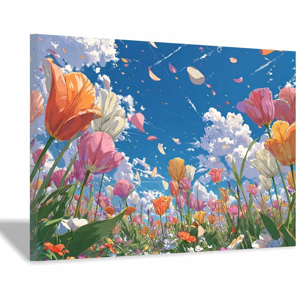 Hoqiu Multicolor Flowers Wall Art Anime Tulip Field Pictures, Print Canvas Poster Decor For Living Room, Bathroom Canvas Art, For Bedroom Home Decoration.(Multicolor)-30X40cm Framed