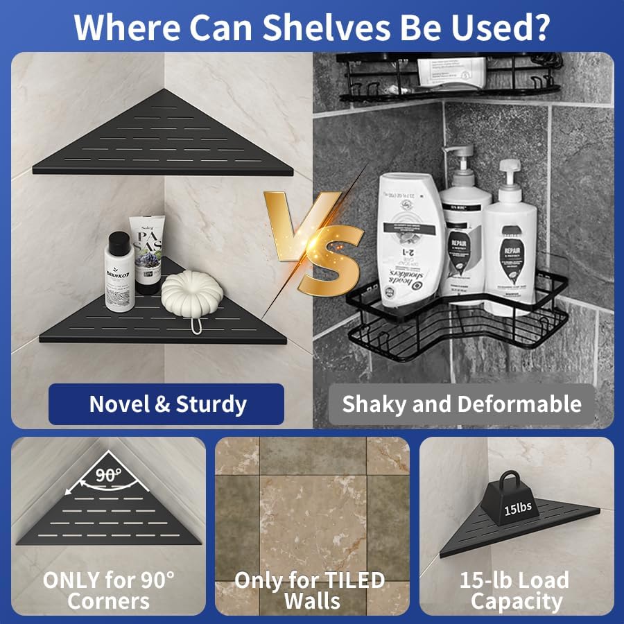 Miniatura 5 de Estante esquinero de ducha de 12 pulgadas, color negro mate con diseño de ranura de acero inoxidable 304, estantes esquineros empotrados, paquete de