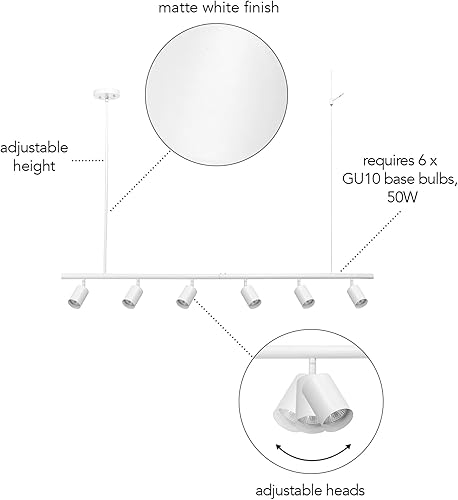 Miniatura 4 de GLOBE Electric 64000124 - Iluminación de riel de 55 pulgadas con 6 luces de altura ajustable, blanco mate, cabezales giratorios, lámpara de techo