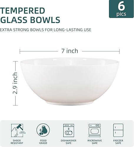 Miniatura 2 de Juego de 6 cuencos de sopa, cuencos de vidrio templado para cereales blancos, juego de platos redondos de 34 onzas, aptos para microondas y