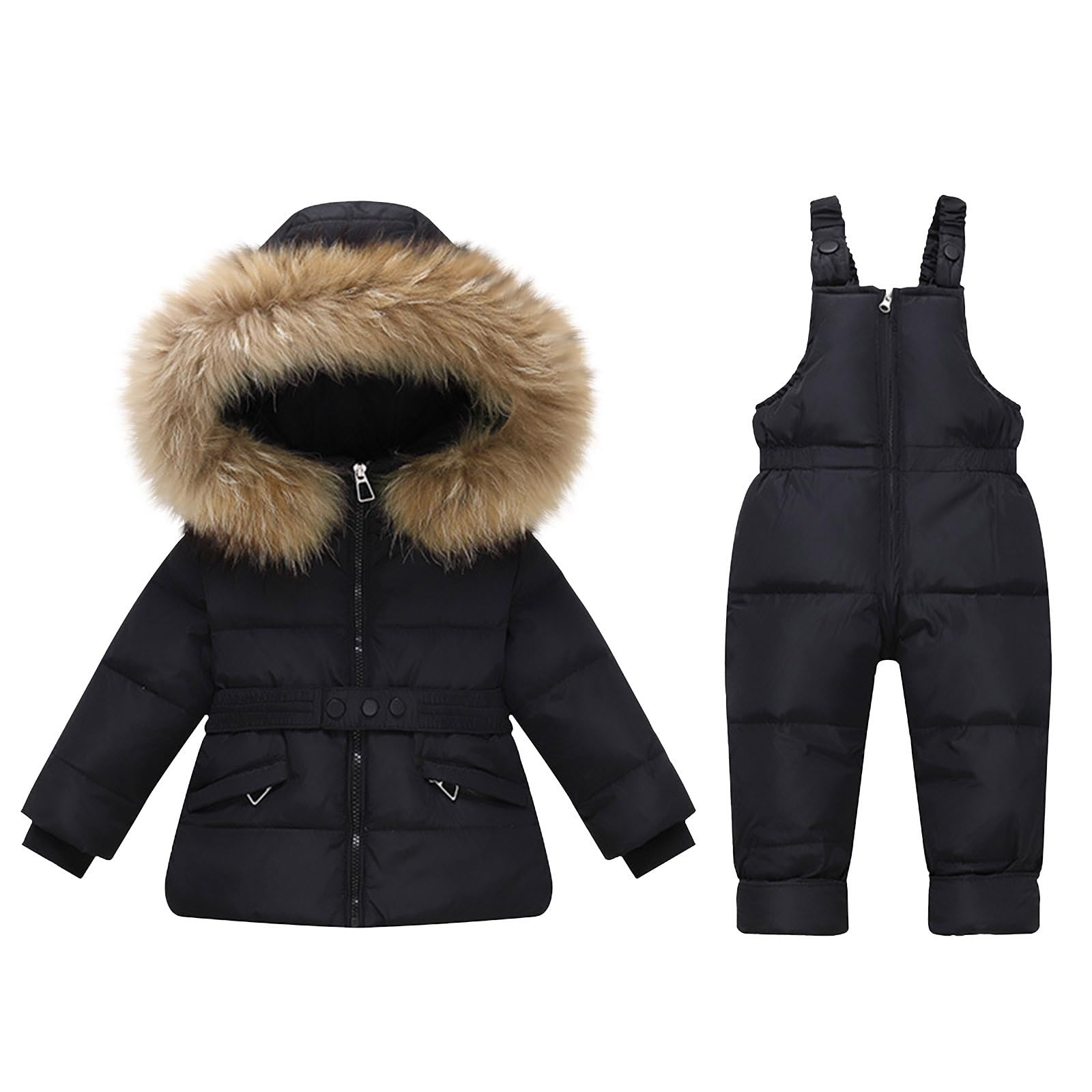 Tuta da neve invernale per bambini, 2 pezzi, tuta da sci, piumino ultraleggero e bavaglino, pantaloni da neve in pelliccia sintetica con cappuccio piumino e pantaloni, set da snowboard per attività