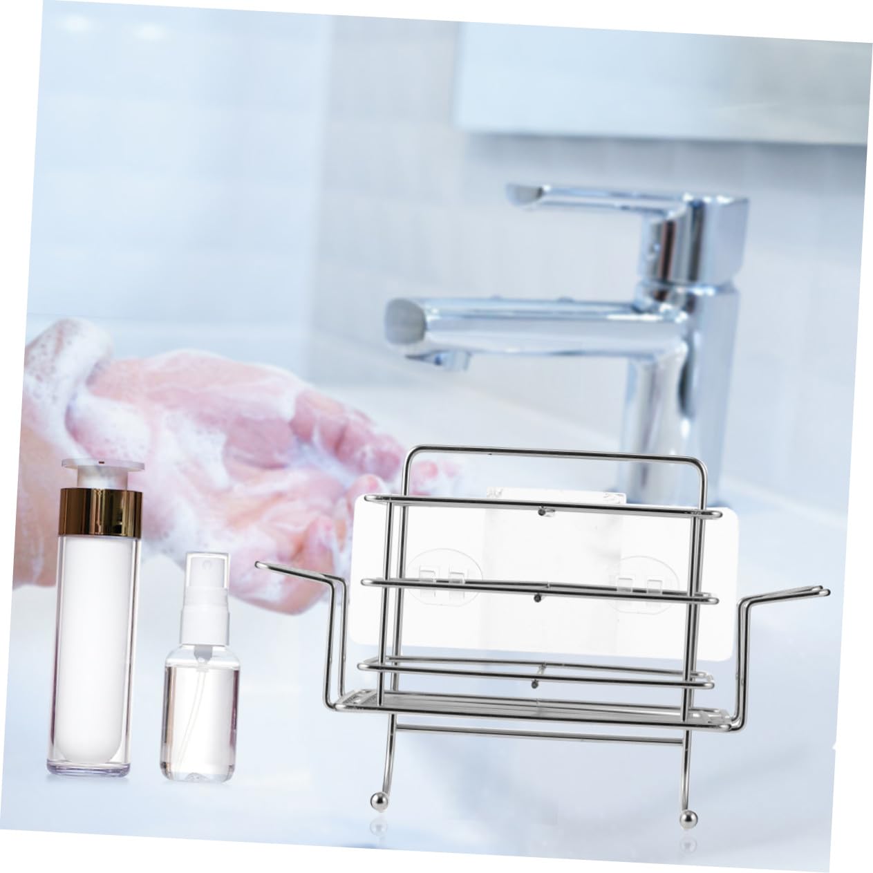 Estante de Ducha para Colgar Diseño sin Perforaciones en Acero Inoxidable Plata, Organizador para Baño Soporte para Cepillos y Capacidad para 2 Tazas