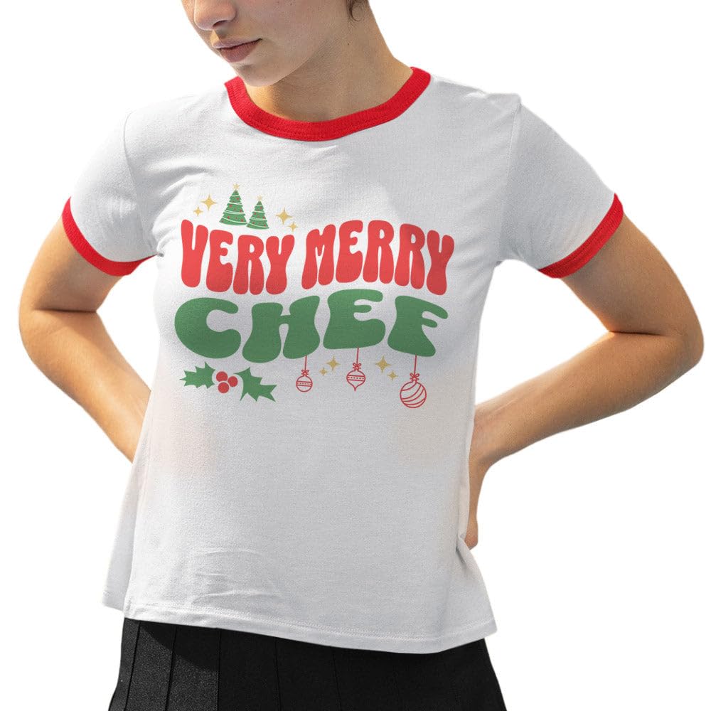 Very Merry Chef Ringer Tee Shirt Unisex Small White/Red