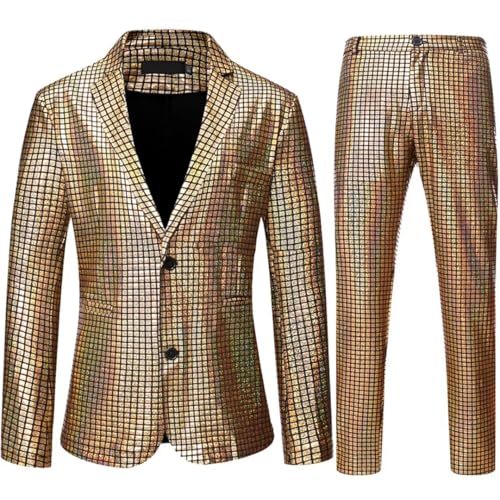 Mens Stage Prom Suits Plaid Sequin Jacket Pants3